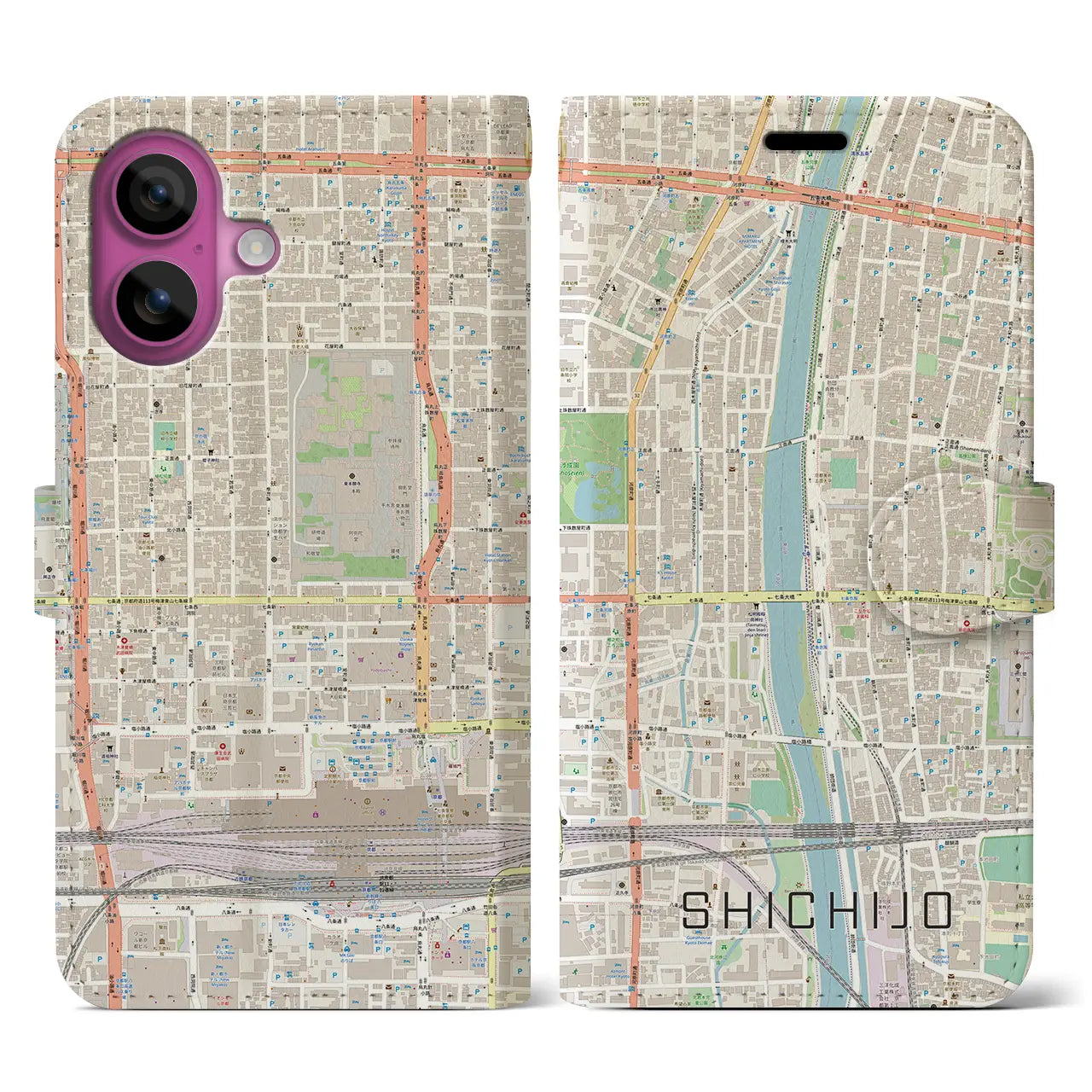 【七条(京都府)】地図柄iPhoneケース(手帳タイプ)ナチュラル・iPhone 16 Pro 用