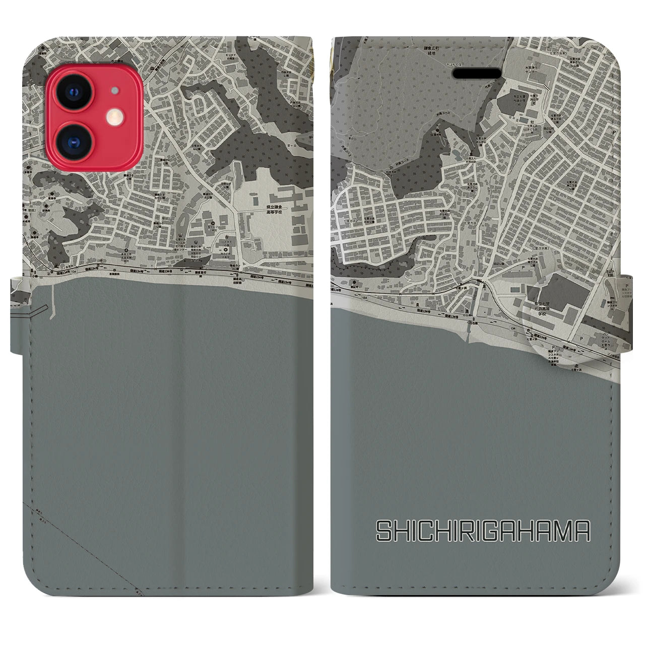 【七里ヶ浜(神奈川県)】地図柄iPhoneケース(手帳タイプ)モノトーン・iPhone 11 用