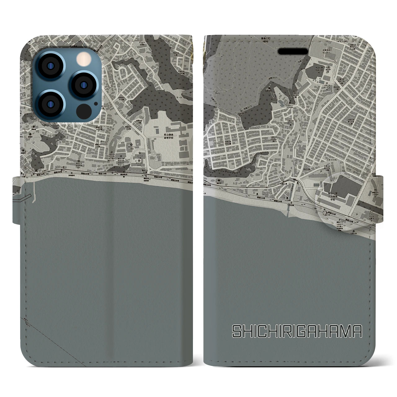 【七里ヶ浜(神奈川県)】地図柄iPhoneケース(手帳タイプ)モノトーン・iPhone 12 / 12 Pro 用