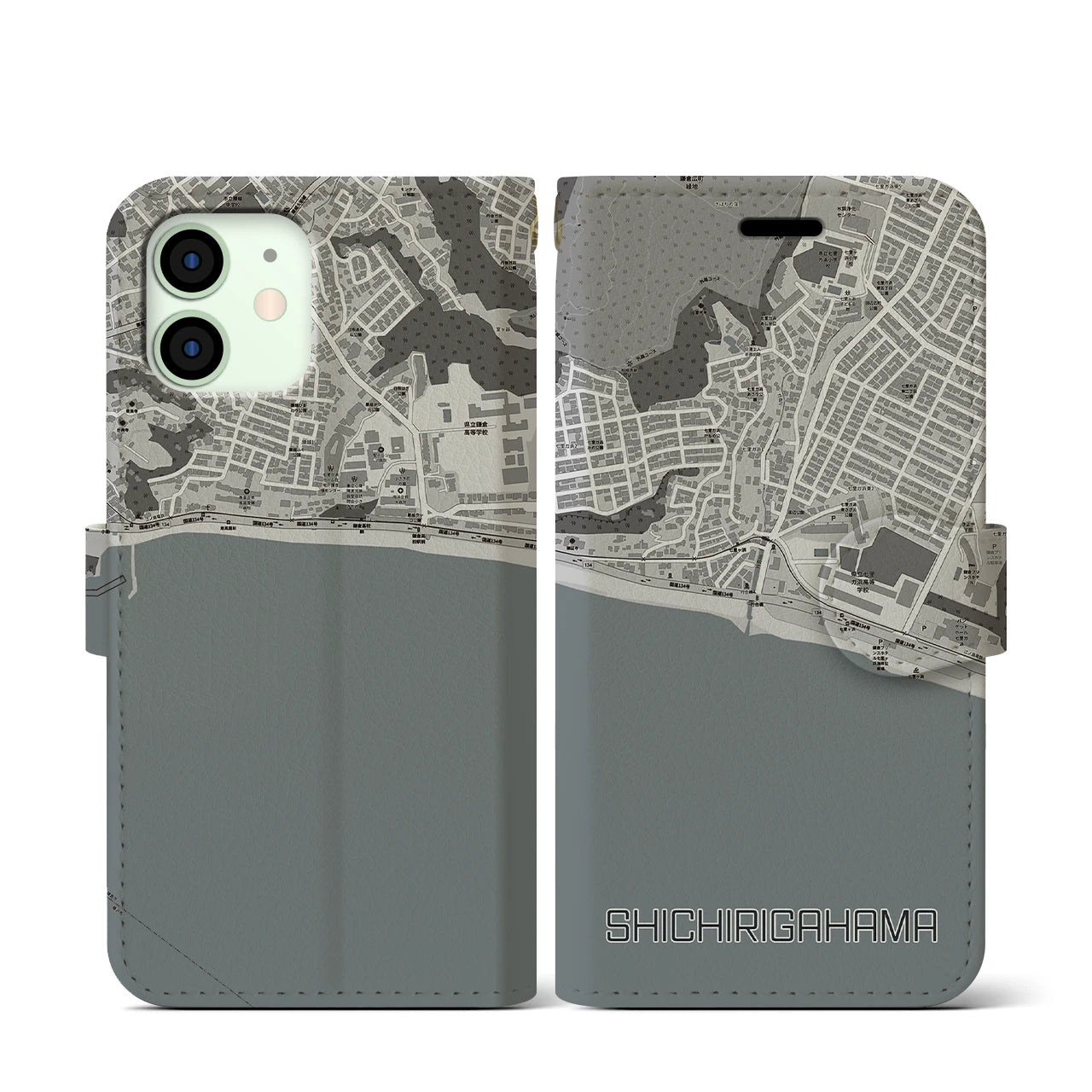 【七里ヶ浜(神奈川県)】地図柄iPhoneケース(手帳タイプ)モノトーン・iPhone 12 mini 用