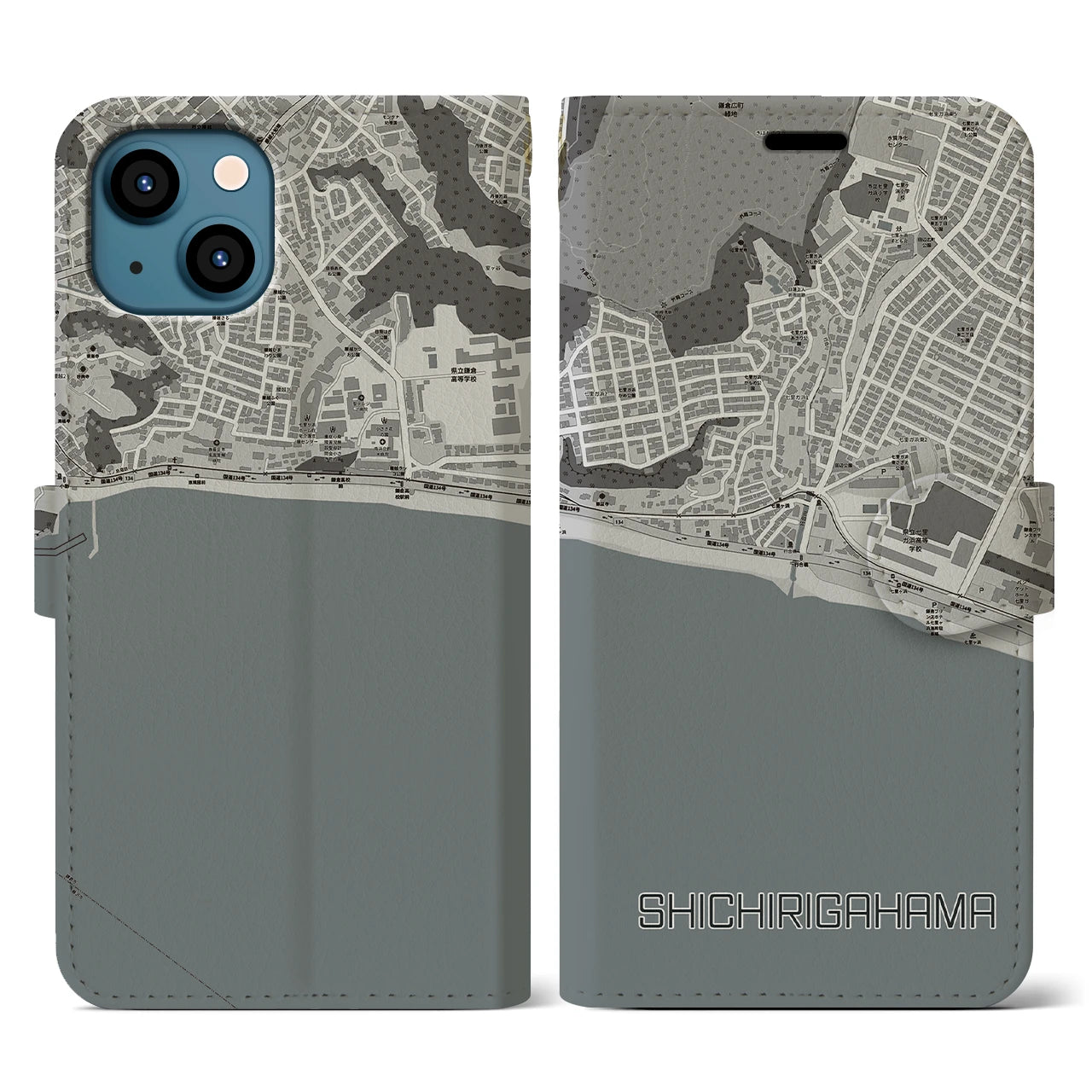 【七里ヶ浜(神奈川県)】地図柄iPhoneケース(手帳タイプ)モノトーン・iPhone 13 用