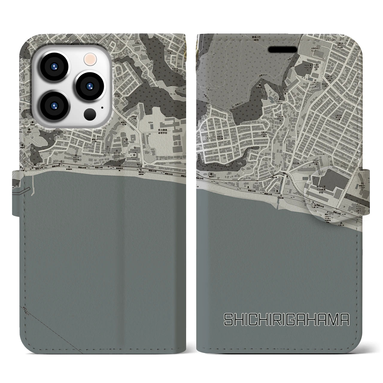【七里ヶ浜(神奈川県)】地図柄iPhoneケース(手帳タイプ)モノトーン・iPhone 13 Pro 用