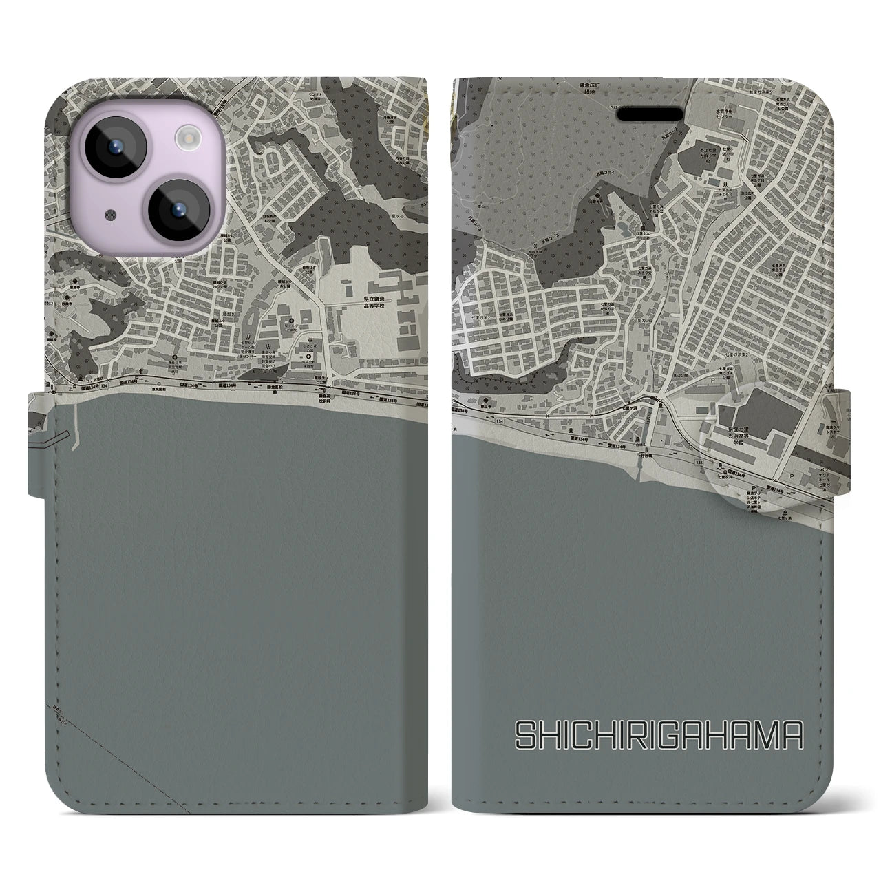 【七里ヶ浜(神奈川県)】地図柄iPhoneケース(手帳タイプ)モノトーン・iPhone 14 用