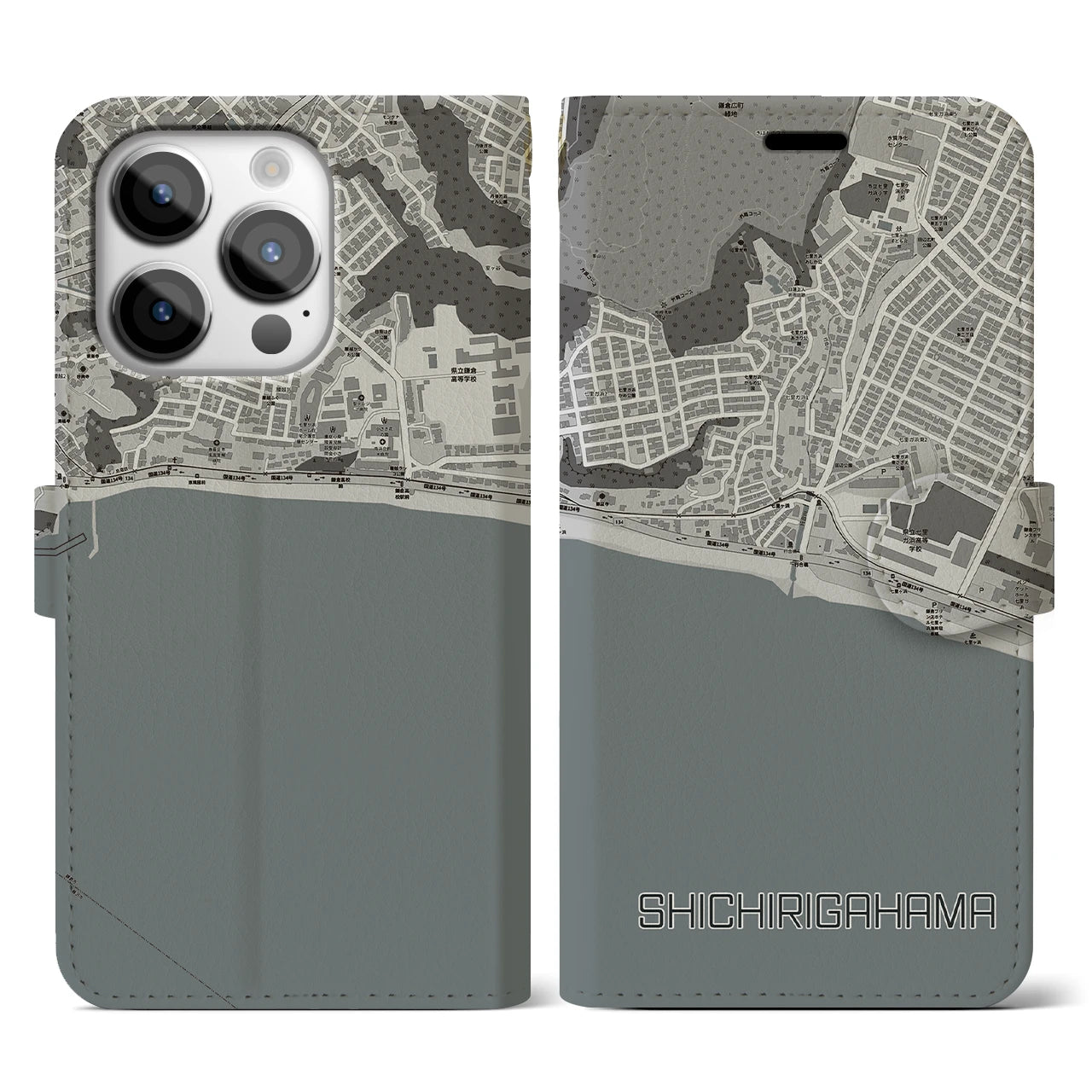 【七里ヶ浜(神奈川県)】地図柄iPhoneケース(手帳タイプ)モノトーン・iPhone 14 Pro 用