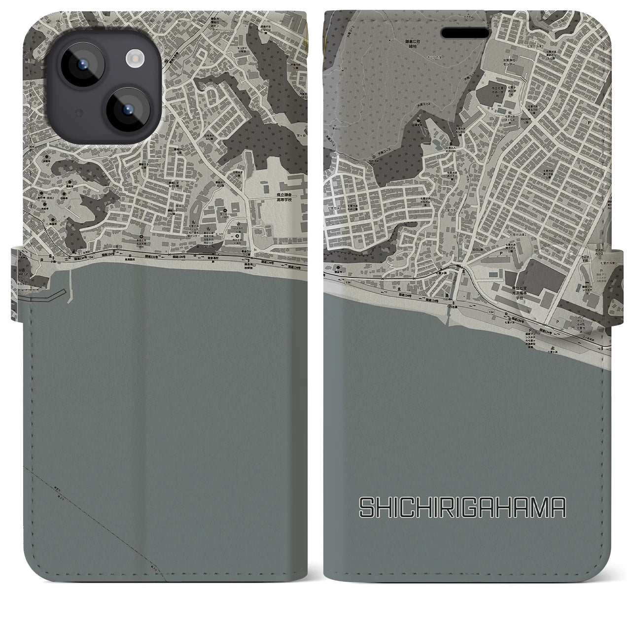 【七里ヶ浜(神奈川県)】地図柄iPhoneケース(手帳タイプ)モノトーン・iPhone 14 Plus 用