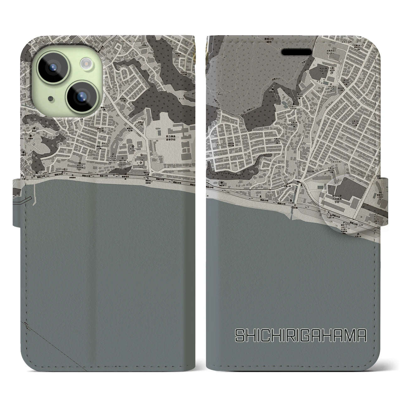 【七里ヶ浜(神奈川県)】地図柄iPhoneケース(手帳タイプ)モノトーン・iPhone 15 用