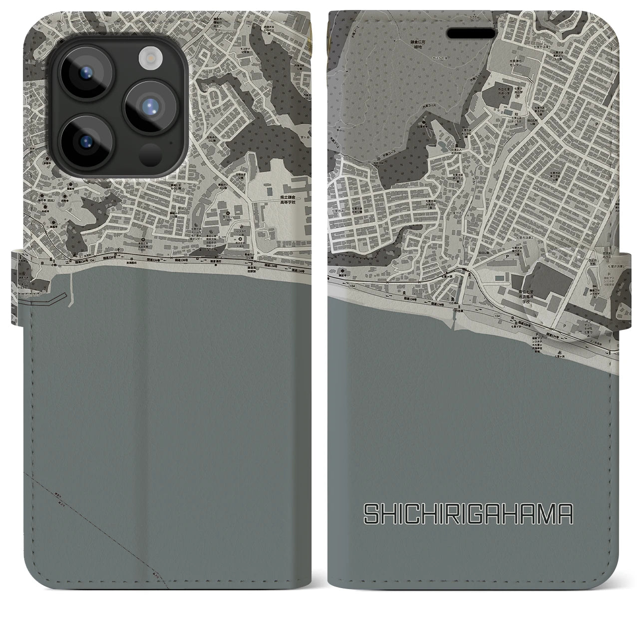 【七里ヶ浜(神奈川県)】地図柄iPhoneケース(手帳タイプ)モノトーン・iPhone 15 Pro Max 用