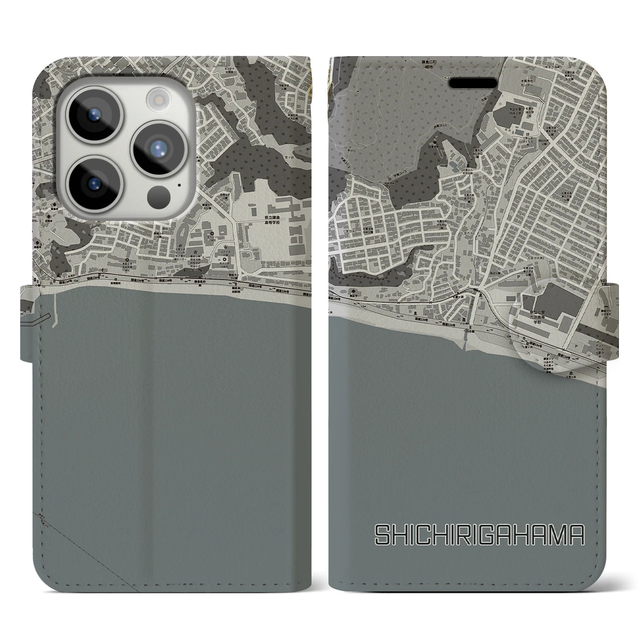 【七里ヶ浜(神奈川県)】地図柄iPhoneケース(手帳タイプ)モノトーン・iPhone 15 Pro 用