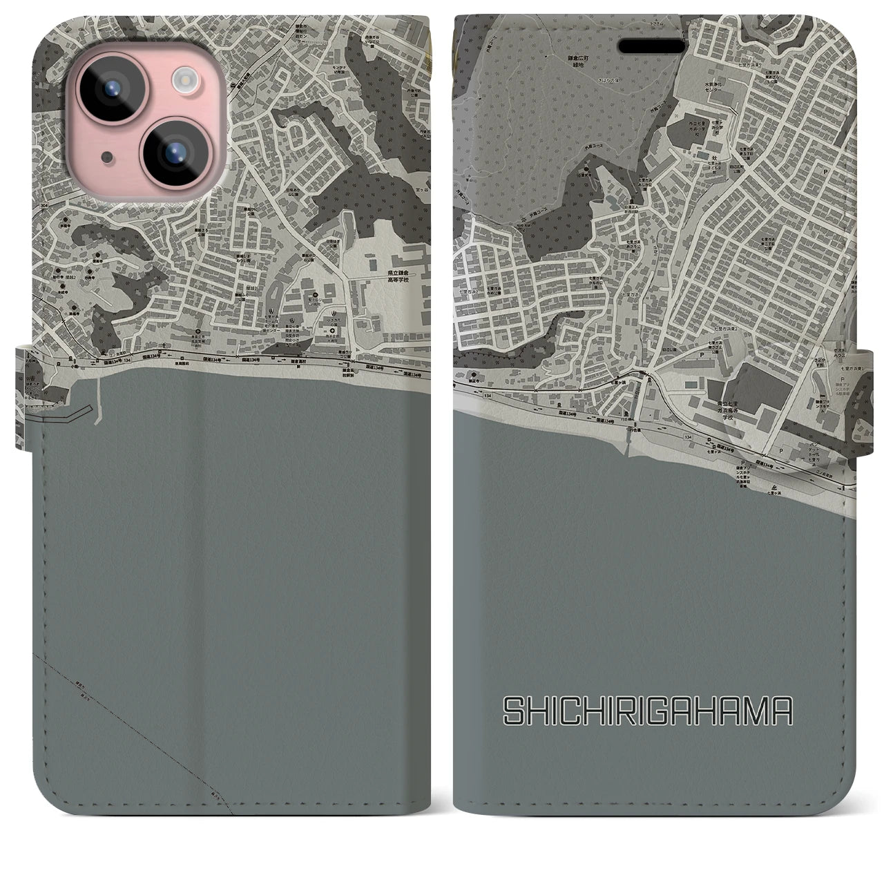 【七里ヶ浜(神奈川県)】地図柄iPhoneケース(手帳タイプ)モノトーン・iPhone 15 Plus 用