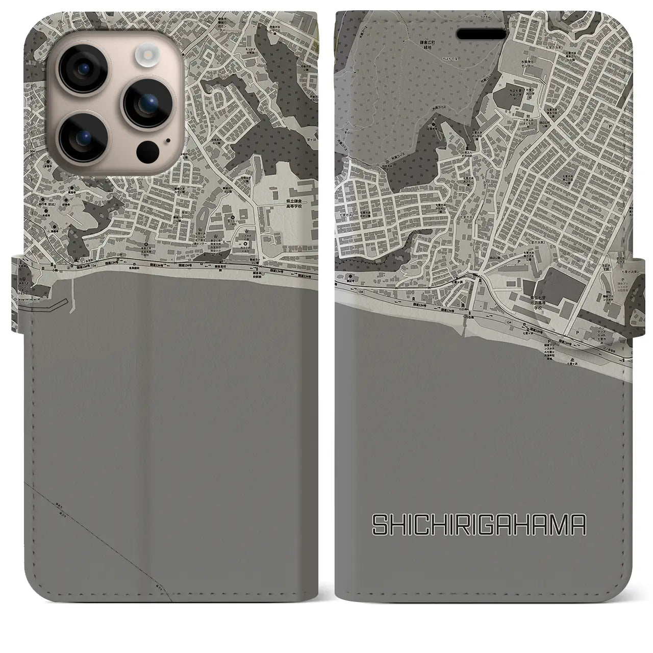 【七里ヶ浜(神奈川県)】地図柄iPhoneケース(手帳タイプ)モノトーン・iPhone 16 Plus 用