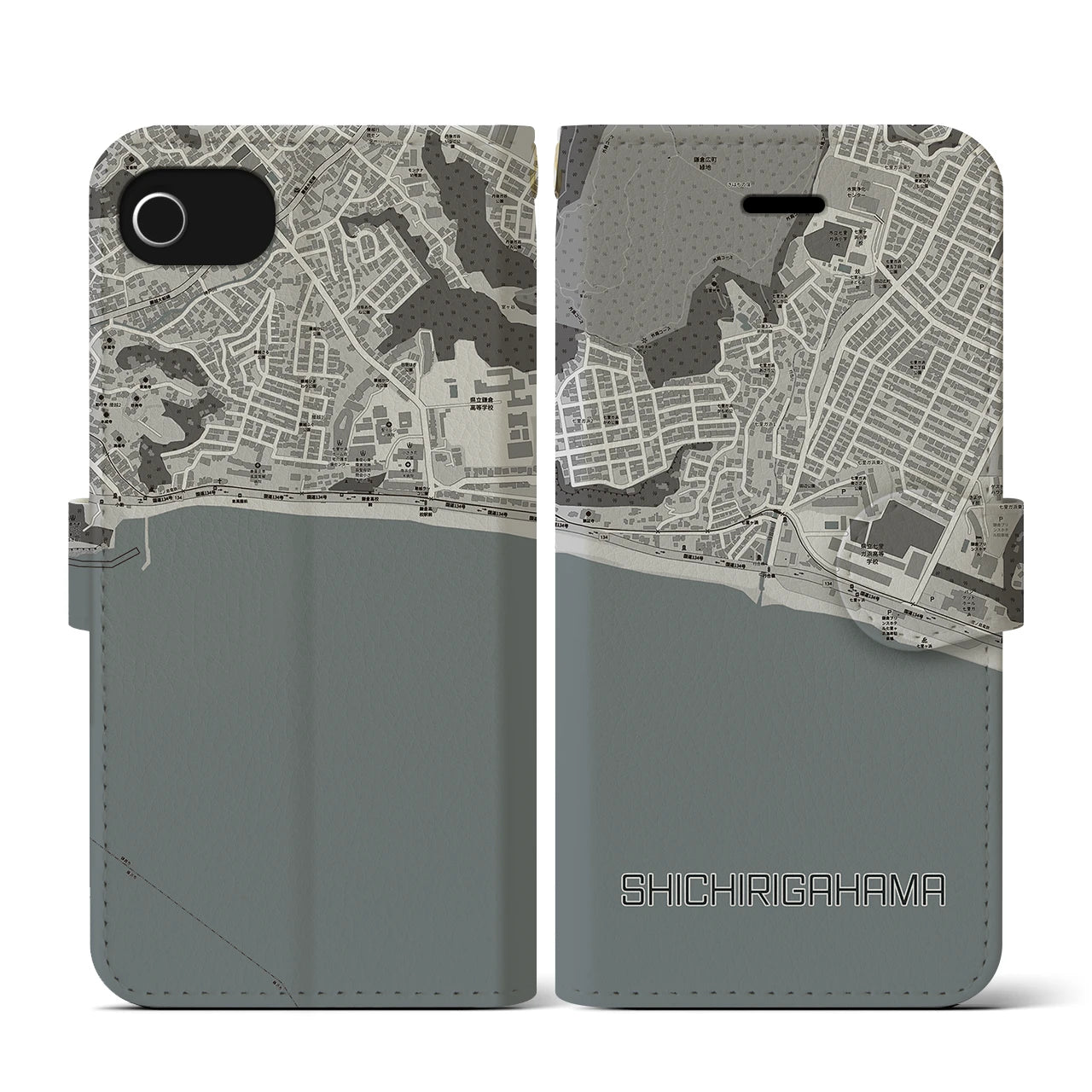 【七里ヶ浜(神奈川県)】地図柄iPhoneケース(手帳タイプ)モノトーン・iPhone SE(第3 / 第2世代) / 8 / 7 / 6s / 6 用