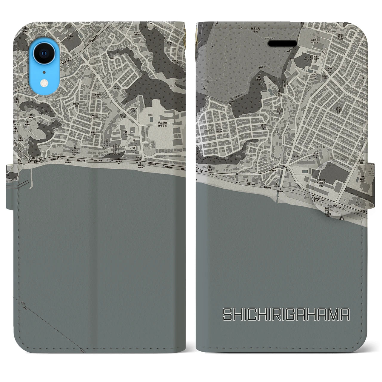 【七里ヶ浜(神奈川県)】地図柄iPhoneケース(手帳タイプ)モノトーン・iPhone XR 用