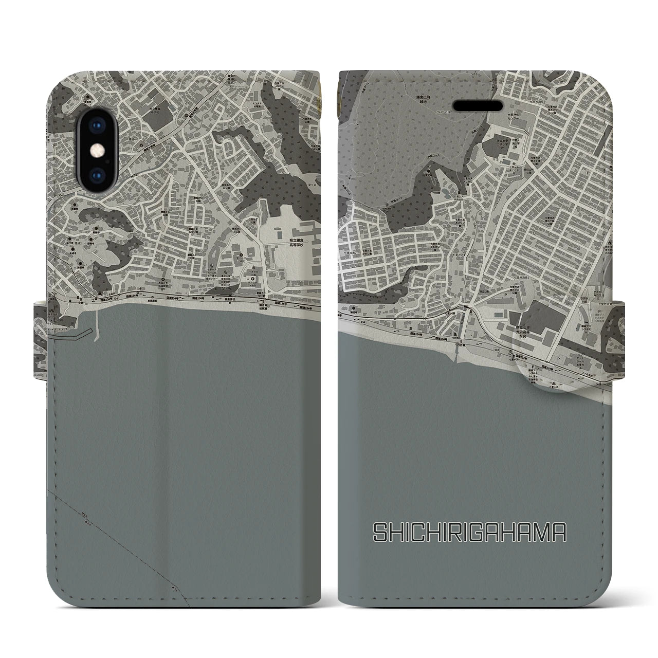 【七里ヶ浜(神奈川県)】地図柄iPhoneケース(手帳タイプ)モノトーン・iPhone XS / X 用