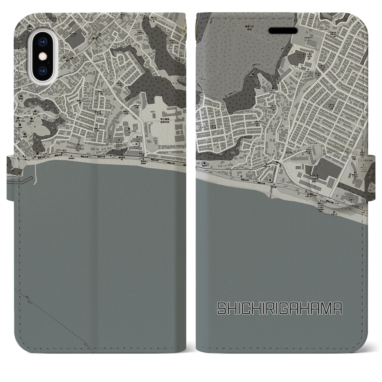 【七里ヶ浜(神奈川県)】地図柄iPhoneケース(手帳タイプ)モノトーン・iPhone XS Max 用