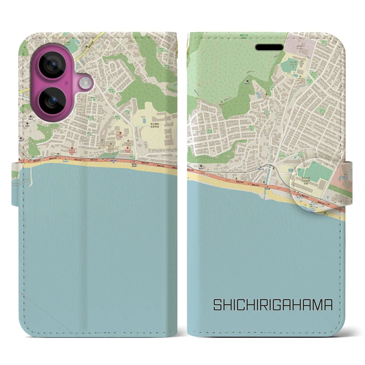 【七里ヶ浜(神奈川県)】地図柄iPhoneケース(手帳タイプ)ナチュラル・iPhone 16 Pro 用