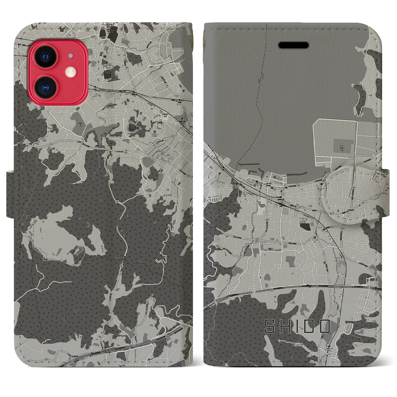 【志度(香川県)】地図柄iPhoneケース(手帳タイプ)モノトーン・iPhone 11 用