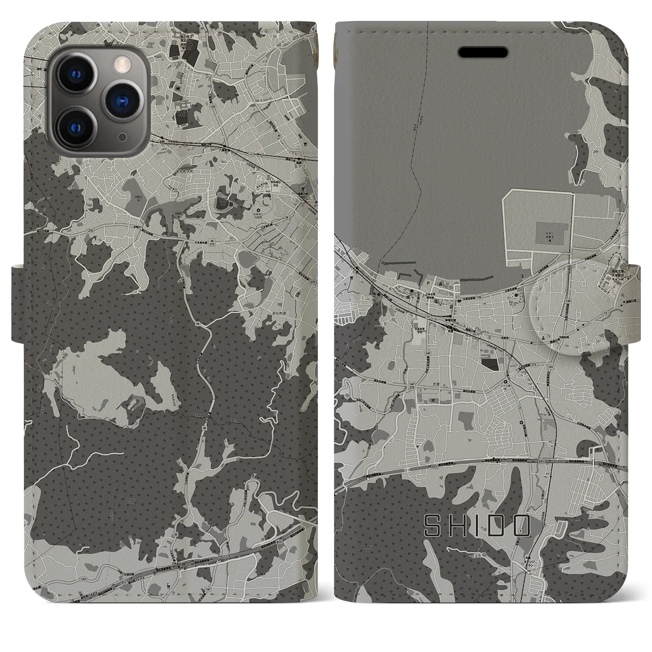 【志度(香川県)】地図柄iPhoneケース(手帳タイプ)モノトーン・iPhone 11 Pro Max 用