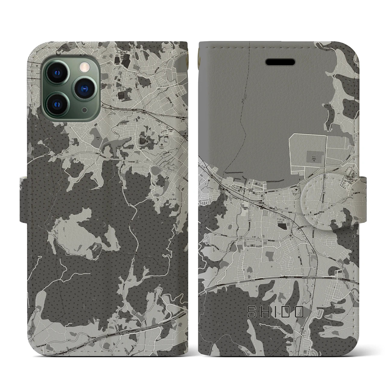【志度(香川県)】地図柄iPhoneケース(手帳タイプ)モノトーン・iPhone 11 Pro 用