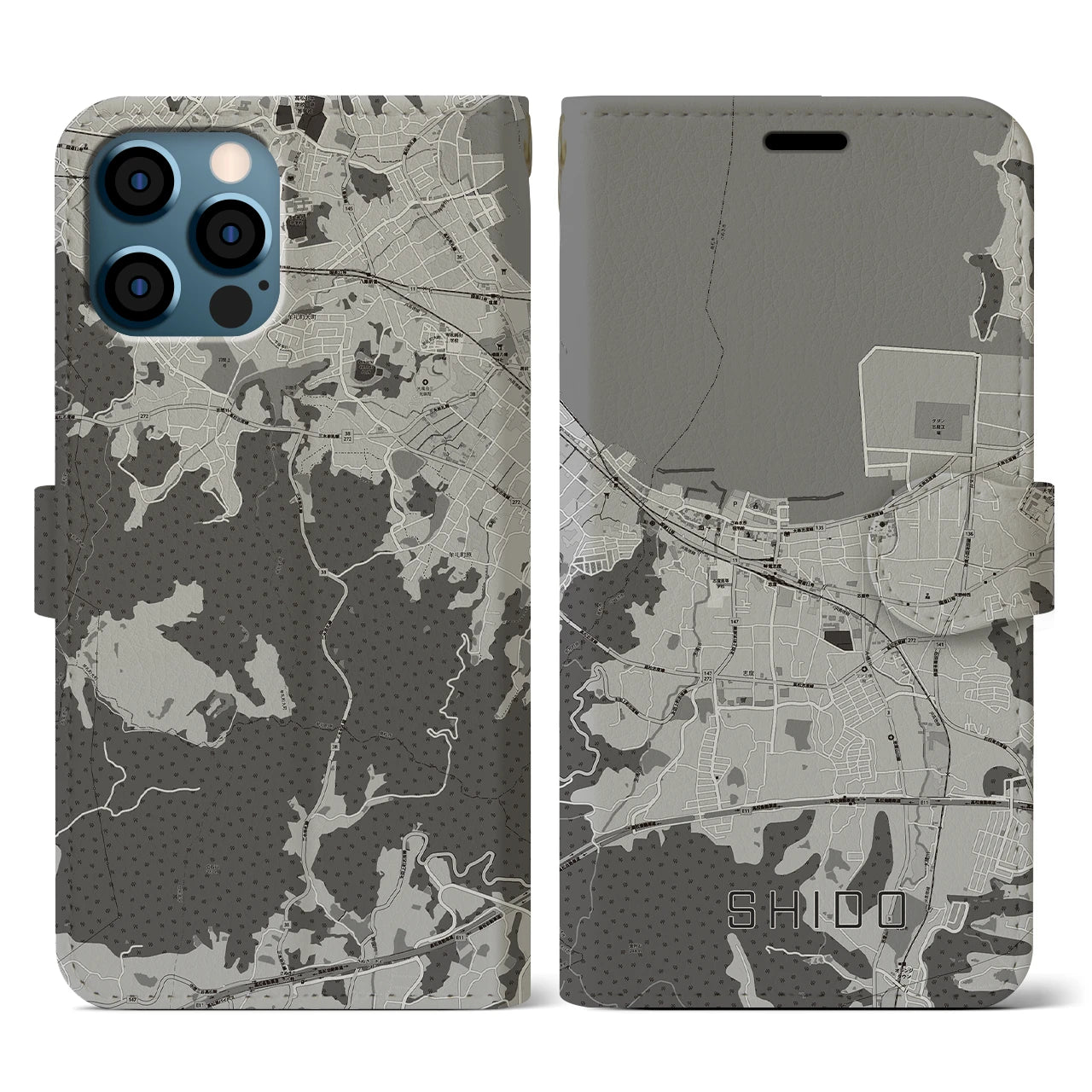 【志度(香川県)】地図柄iPhoneケース(手帳タイプ)モノトーン・iPhone 12 / 12 Pro 用