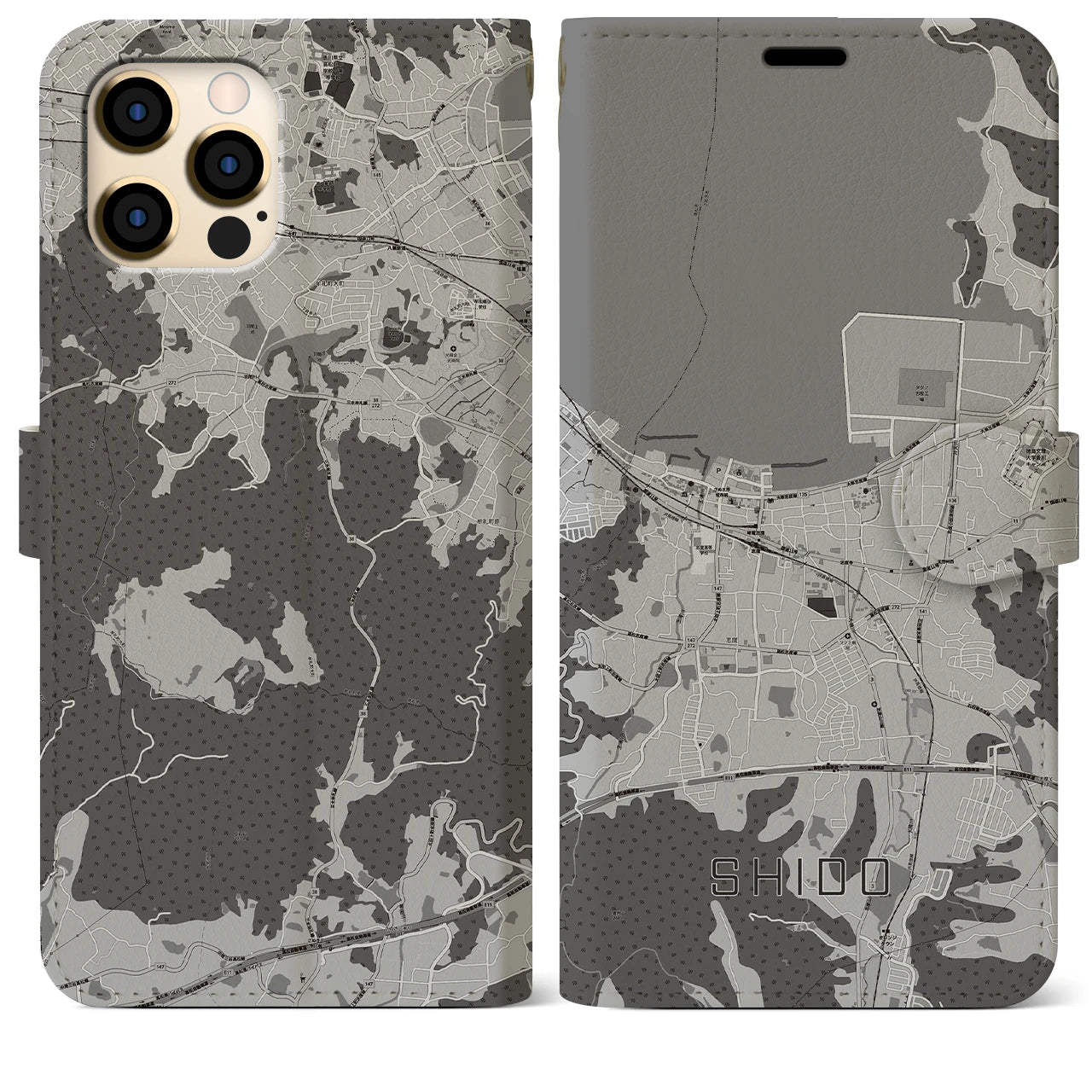 【志度(香川県)】地図柄iPhoneケース(手帳タイプ)モノトーン・iPhone 12 Pro Max 用