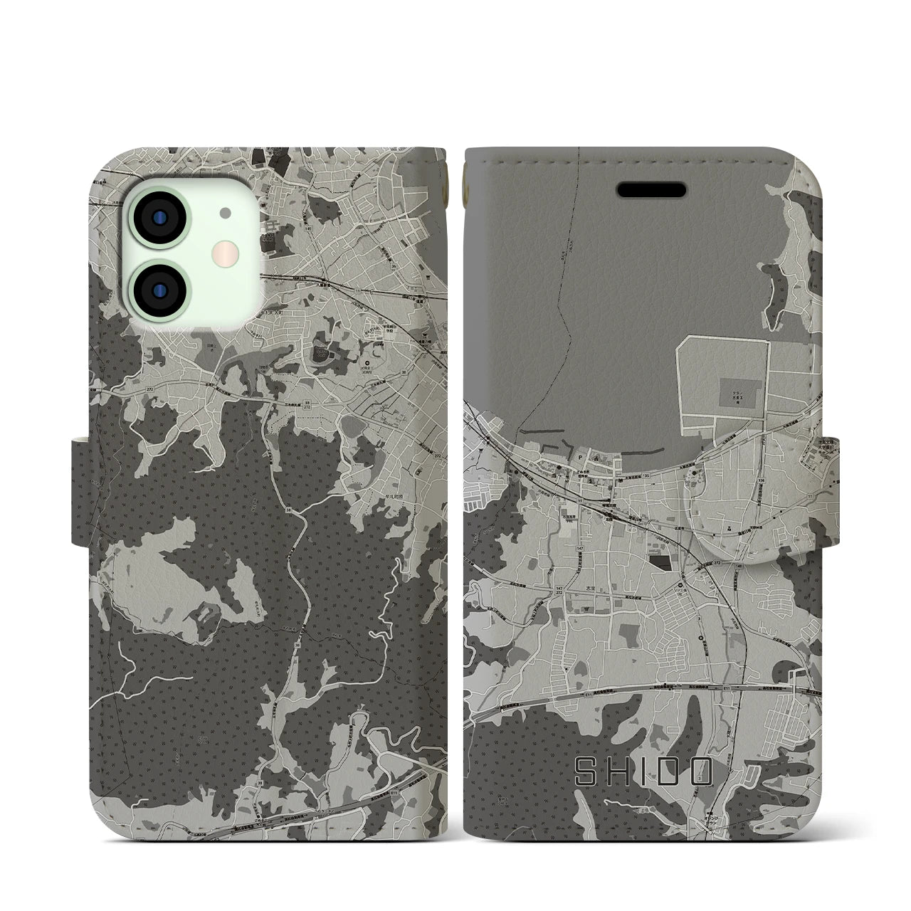 【志度(香川県)】地図柄iPhoneケース(手帳タイプ)モノトーン・iPhone 12 mini 用