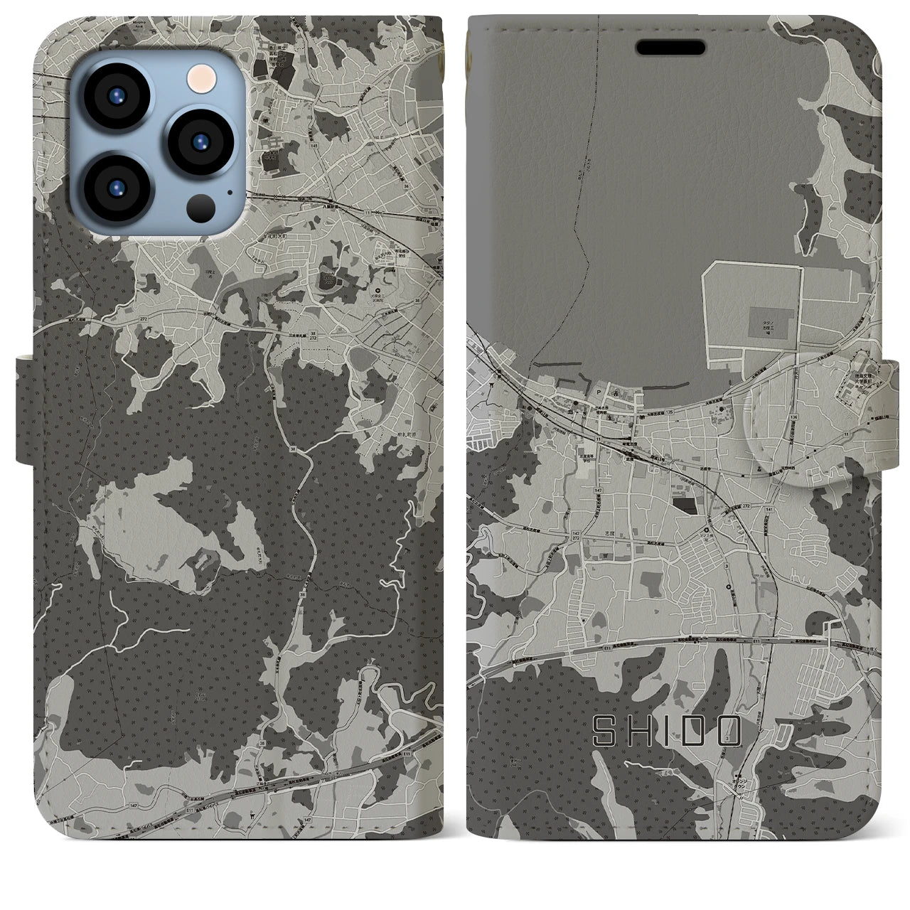 【志度(香川県)】地図柄iPhoneケース(手帳タイプ)モノトーン・iPhone 13 Pro Max 用