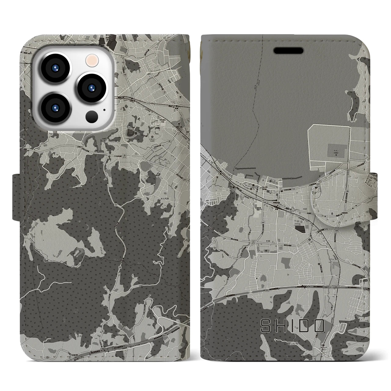 【志度(香川県)】地図柄iPhoneケース(手帳タイプ)モノトーン・iPhone 13 Pro 用