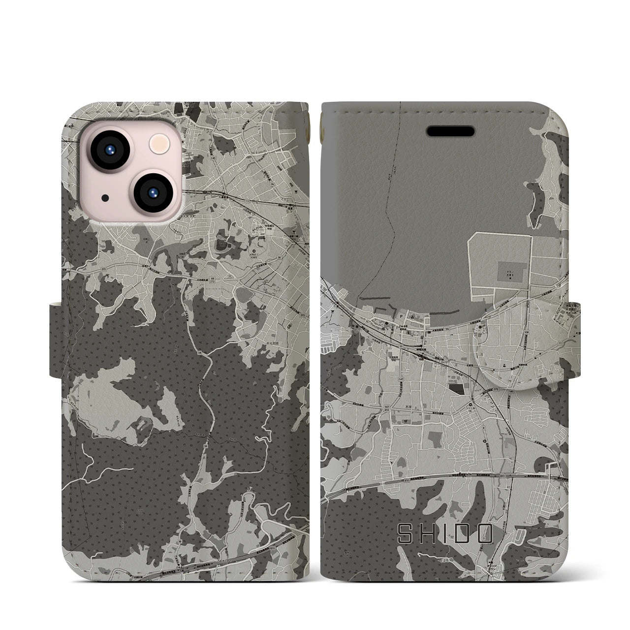 【志度(香川県)】地図柄iPhoneケース(手帳タイプ)モノトーン・iPhone 13 mini 用
