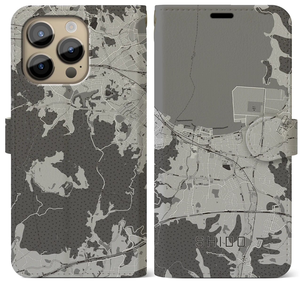 【志度(香川県)】地図柄iPhoneケース(手帳タイプ)モノトーン・iPhone 14 Pro Max 用