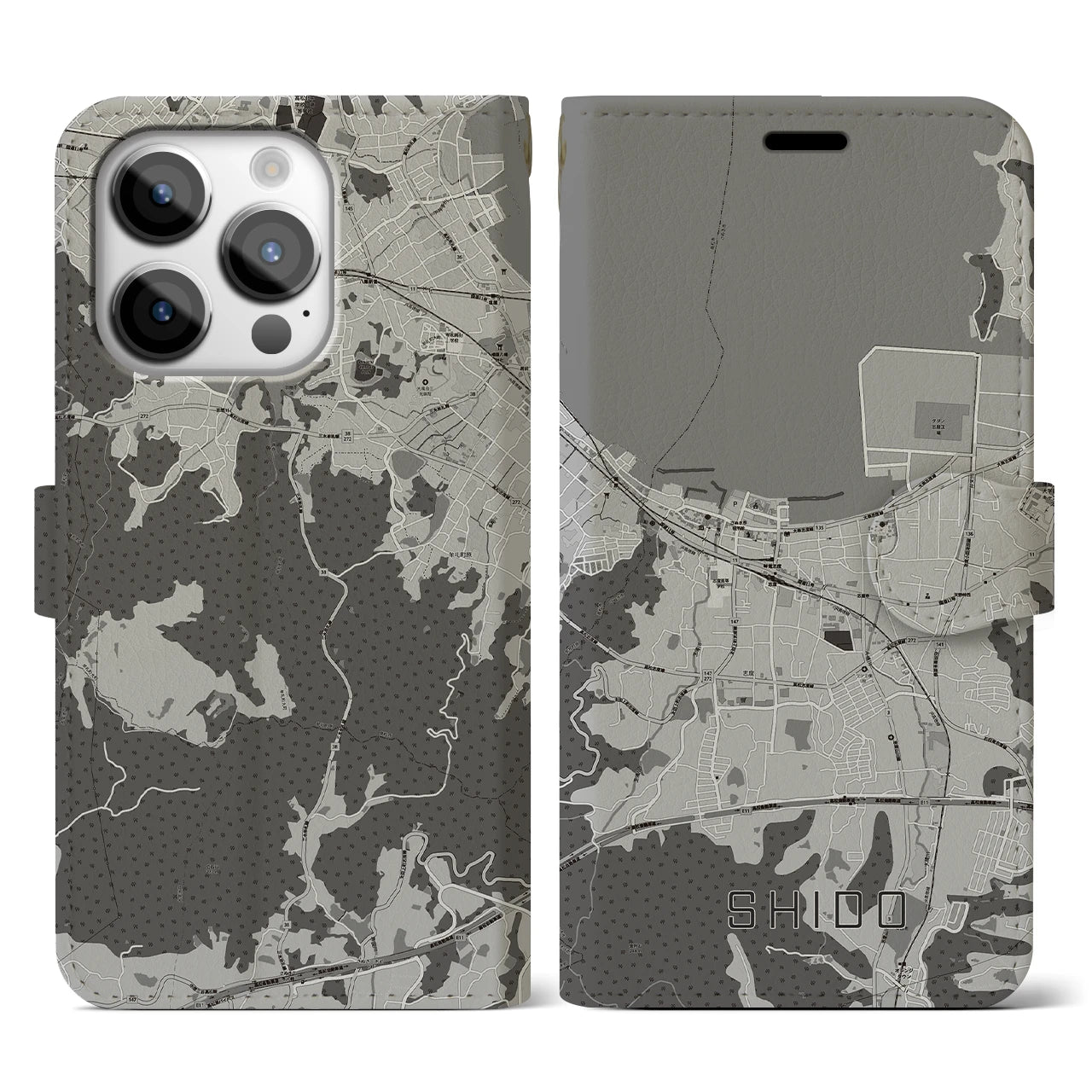 【志度(香川県)】地図柄iPhoneケース(手帳タイプ)モノトーン・iPhone 14 Pro 用