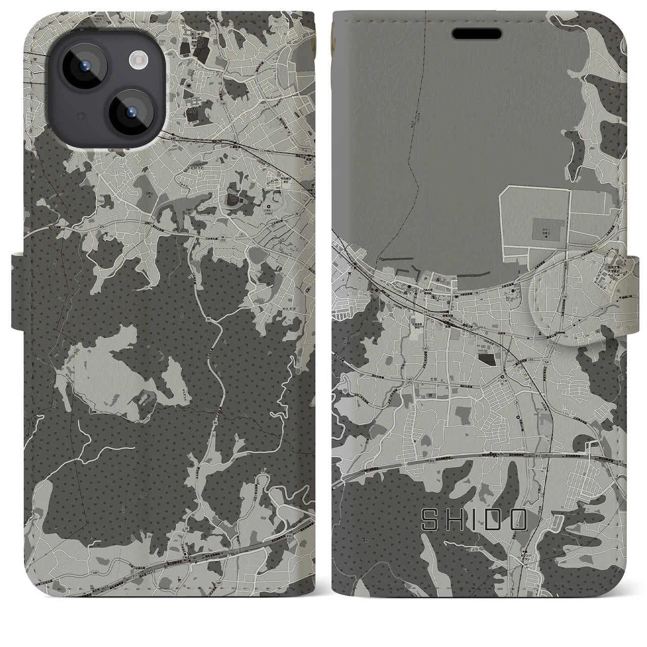 【志度(香川県)】地図柄iPhoneケース(手帳タイプ)モノトーン・iPhone 14 Plus 用