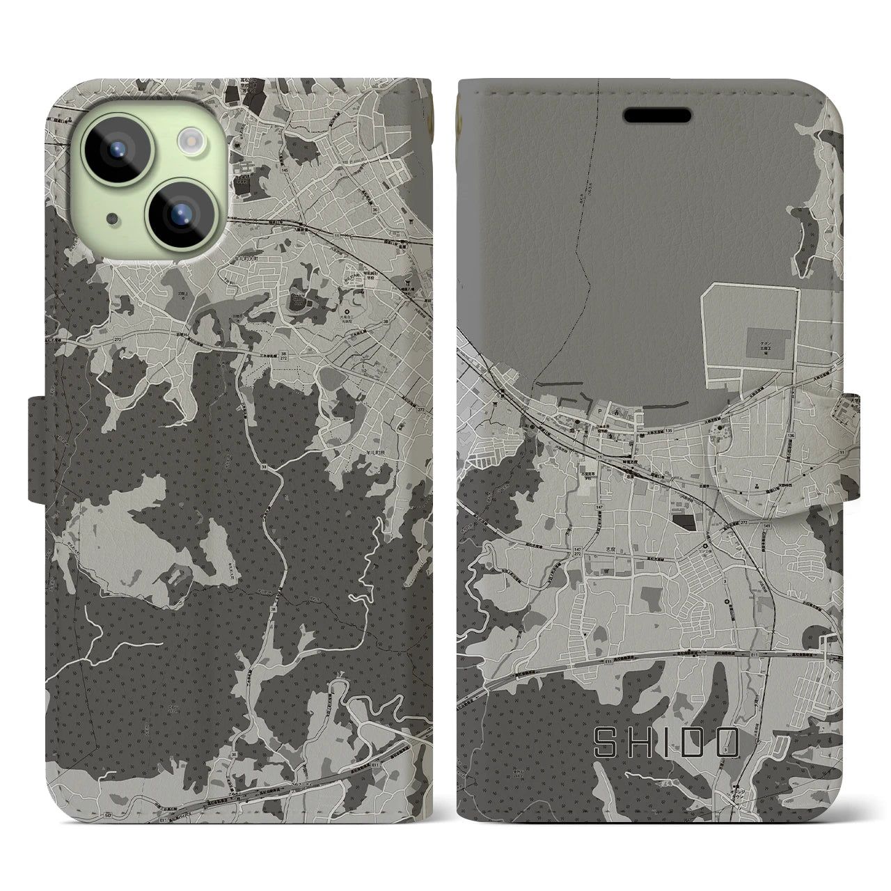 【志度(香川県)】地図柄iPhoneケース(手帳タイプ)モノトーン・iPhone 15 用