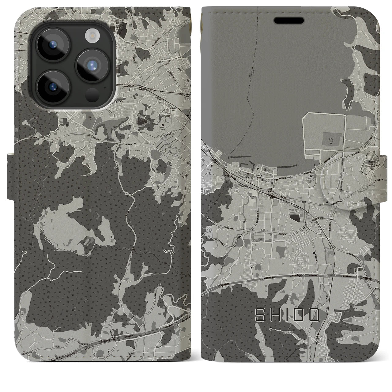【志度(香川県)】地図柄iPhoneケース(手帳タイプ)モノトーン・iPhone 15 Pro Max 用