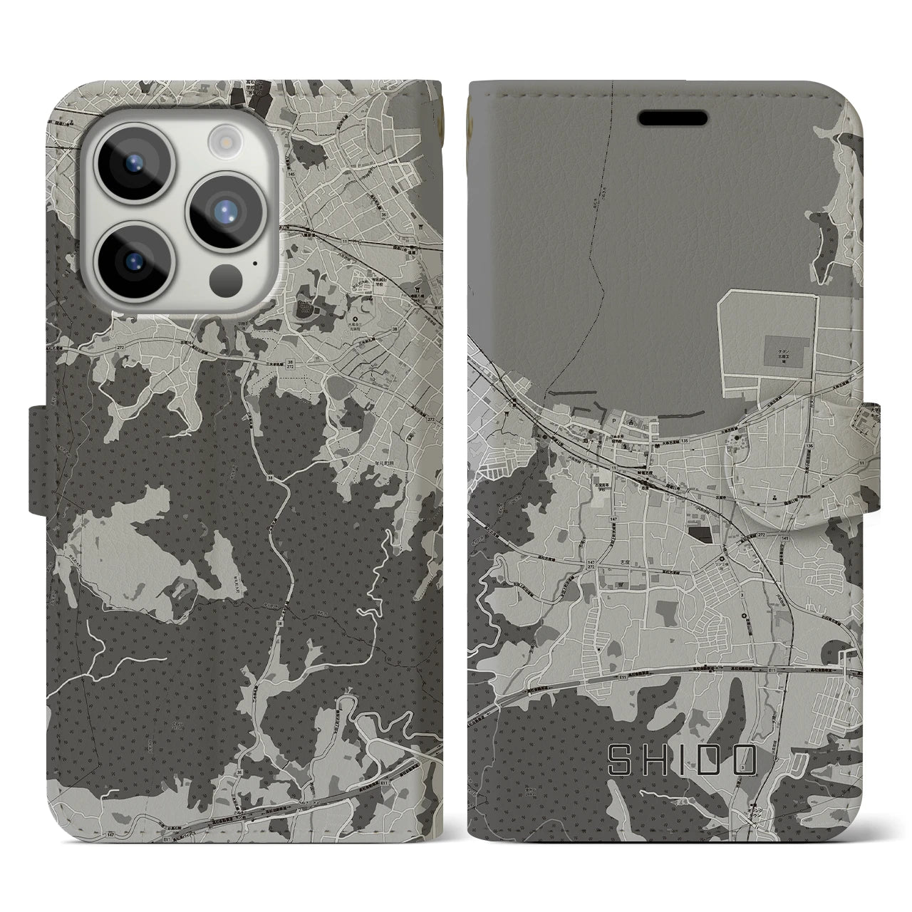 【志度(香川県)】地図柄iPhoneケース(手帳タイプ)モノトーン・iPhone 15 Pro 用