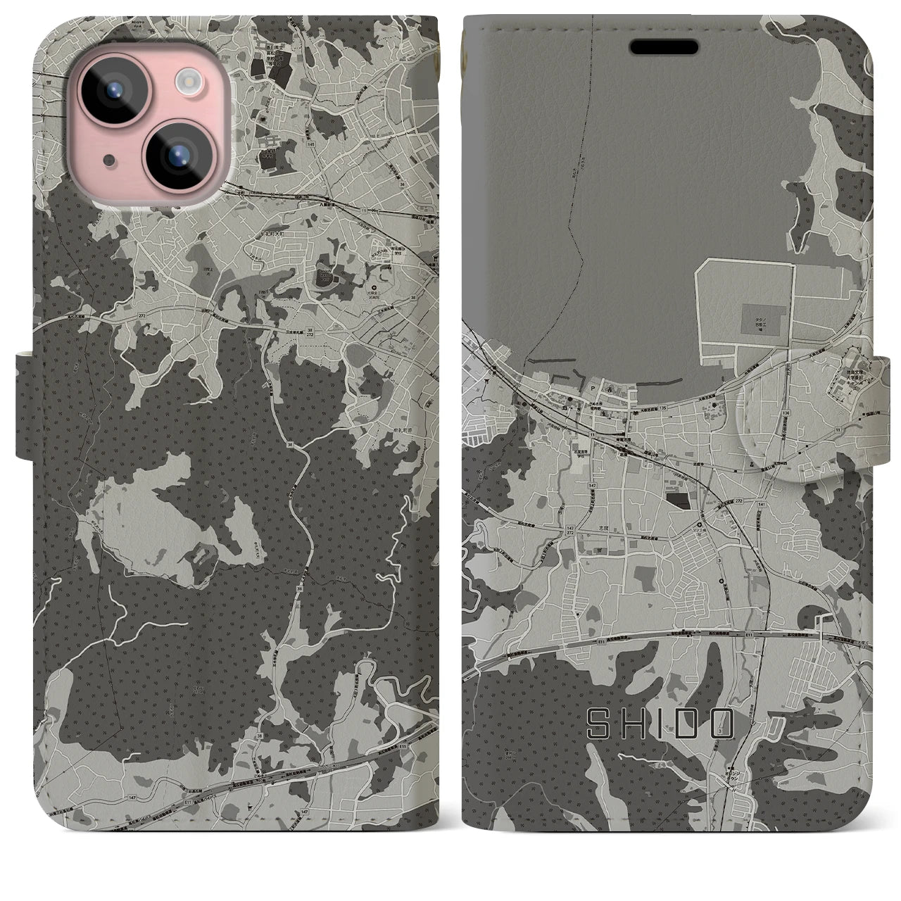 【志度(香川県)】地図柄iPhoneケース(手帳タイプ)モノトーン・iPhone 15 Plus 用