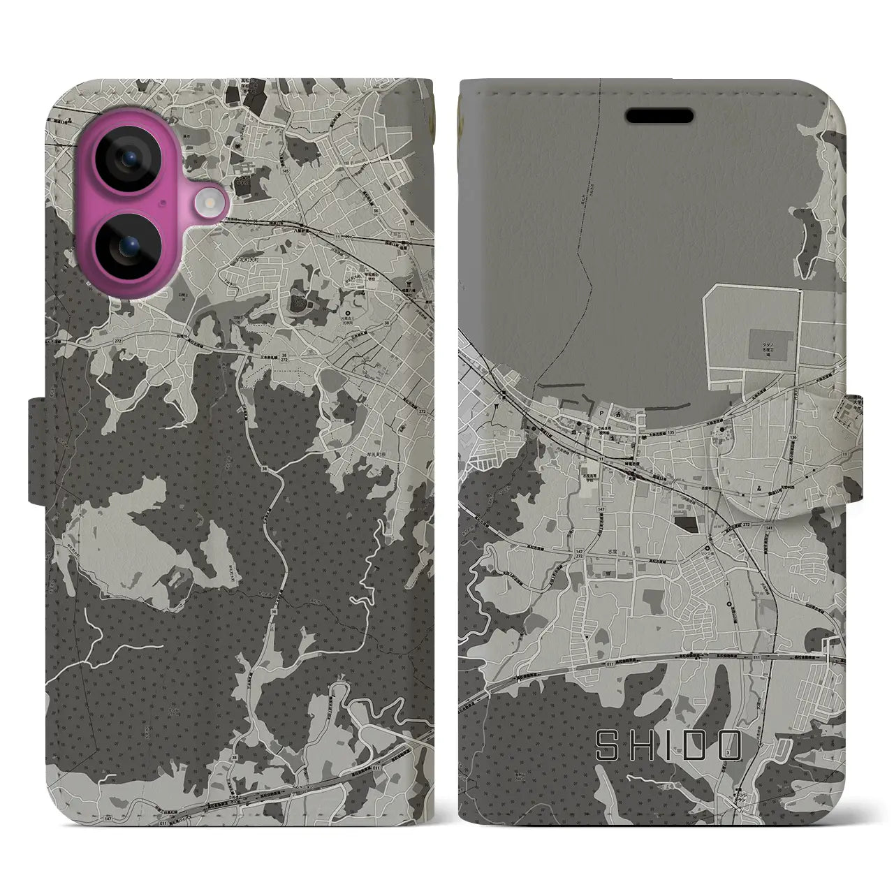 【志度(香川県)】地図柄iPhoneケース(手帳タイプ)モノトーン・iPhone 16 Pro 用