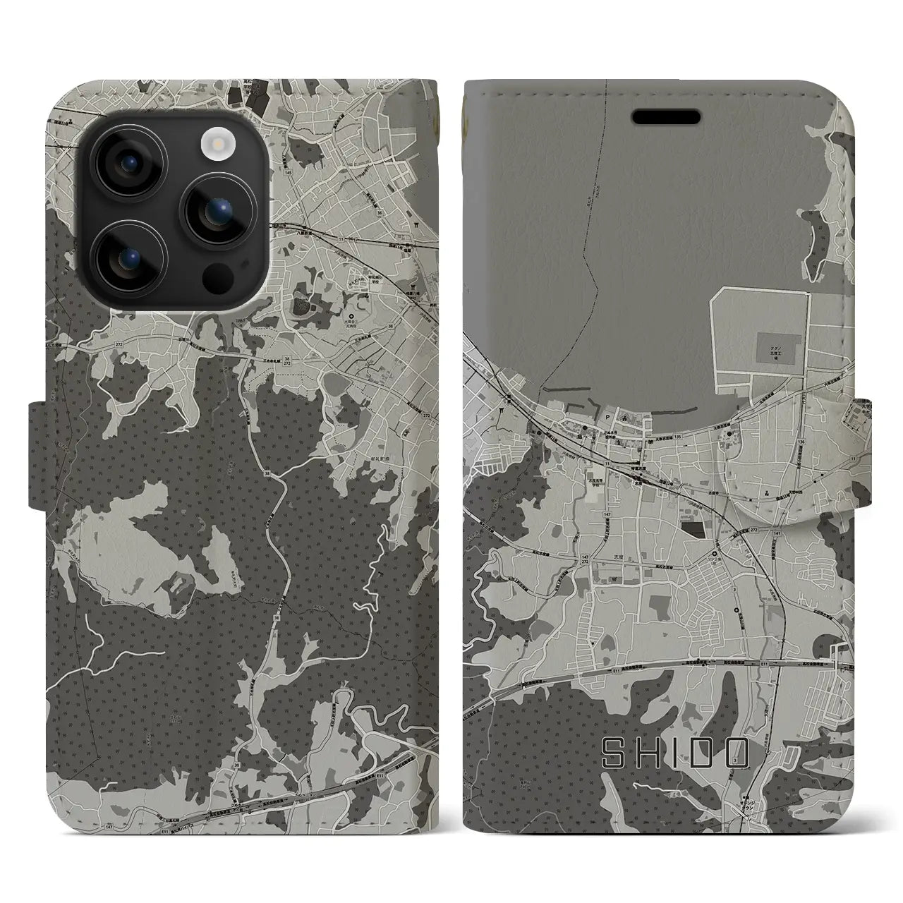 【志度(香川県)】地図柄iPhoneケース(手帳タイプ)モノトーン・iPhone 16 用