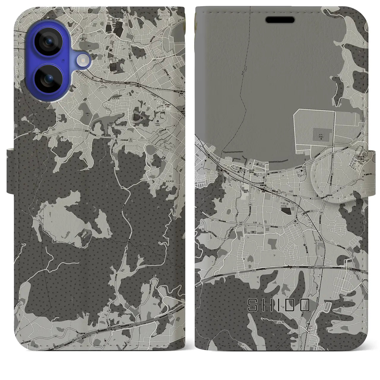 【志度(香川県)】地図柄iPhoneケース(手帳タイプ)モノトーン・iPhone 16 Pro Max 用