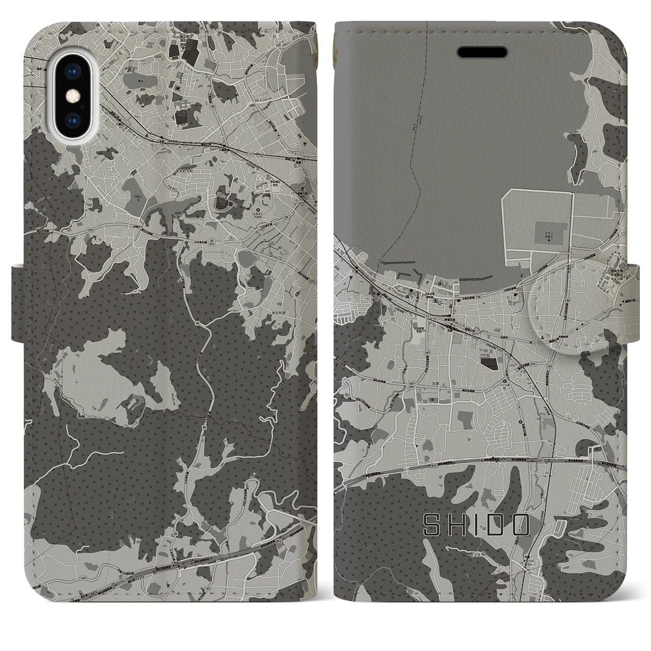 【志度(香川県)】地図柄iPhoneケース(手帳タイプ)モノトーン・iPhone XS Max 用