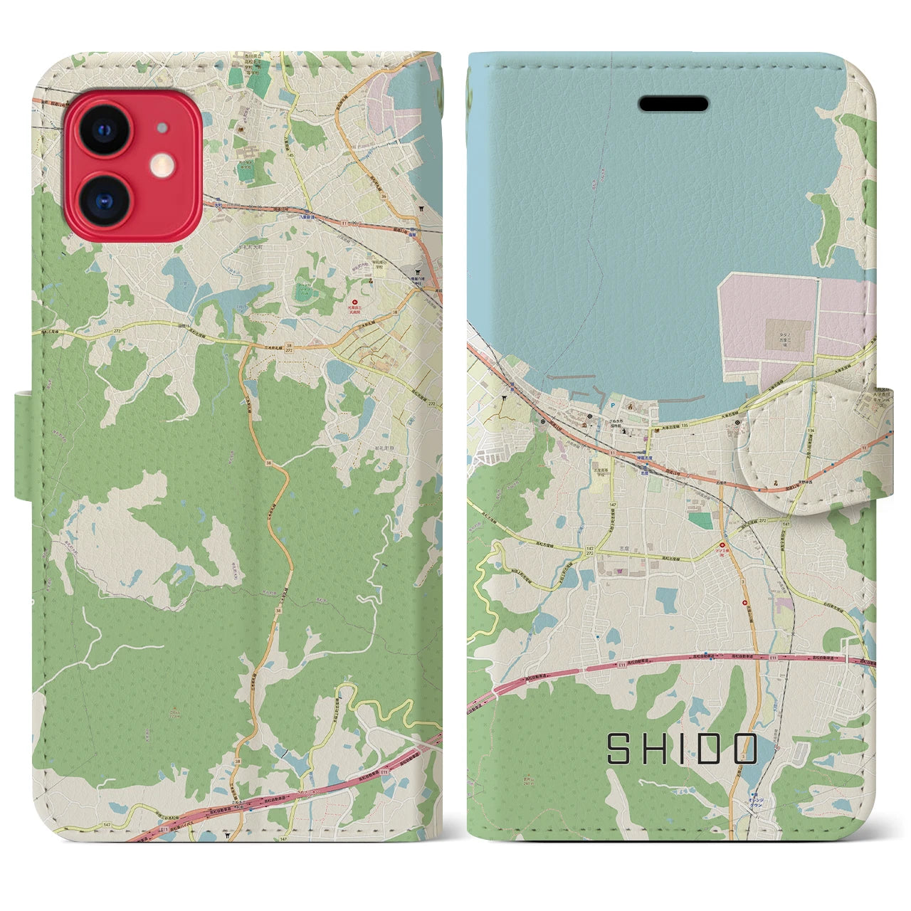 【志度(香川県)】地図柄iPhoneケース(手帳タイプ)ナチュラル・iPhone 11 用