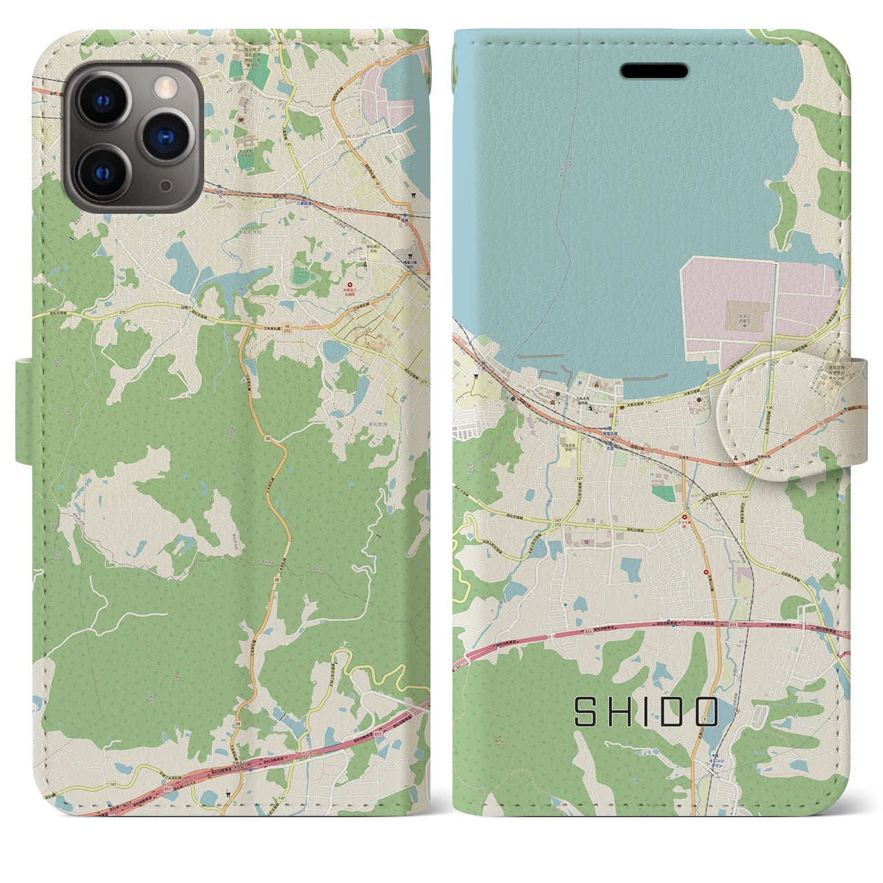 【志度(香川県)】地図柄iPhoneケース(手帳タイプ)ナチュラル・iPhone 11 Pro Max 用