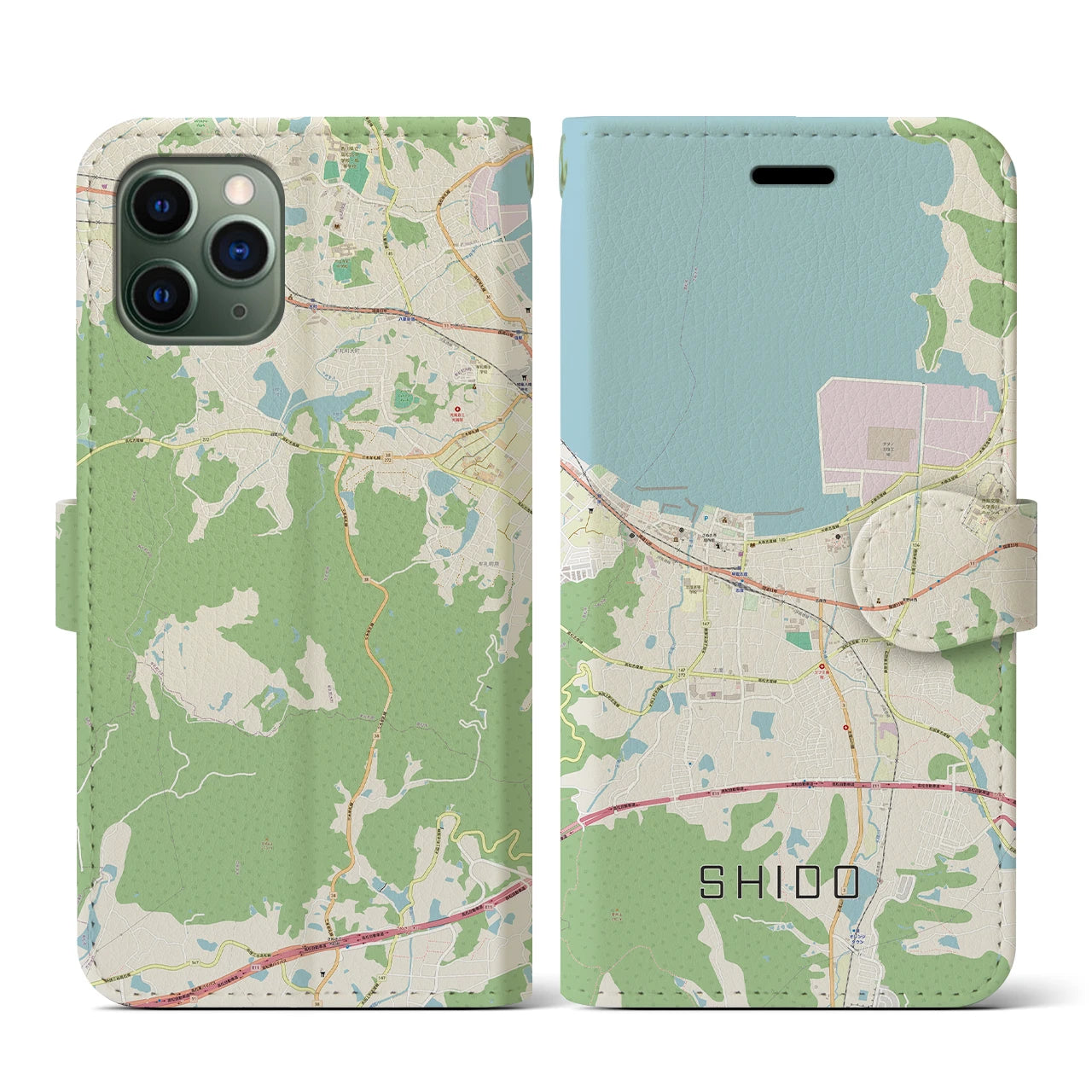 【志度(香川県)】地図柄iPhoneケース(手帳タイプ)ナチュラル・iPhone 11 Pro 用