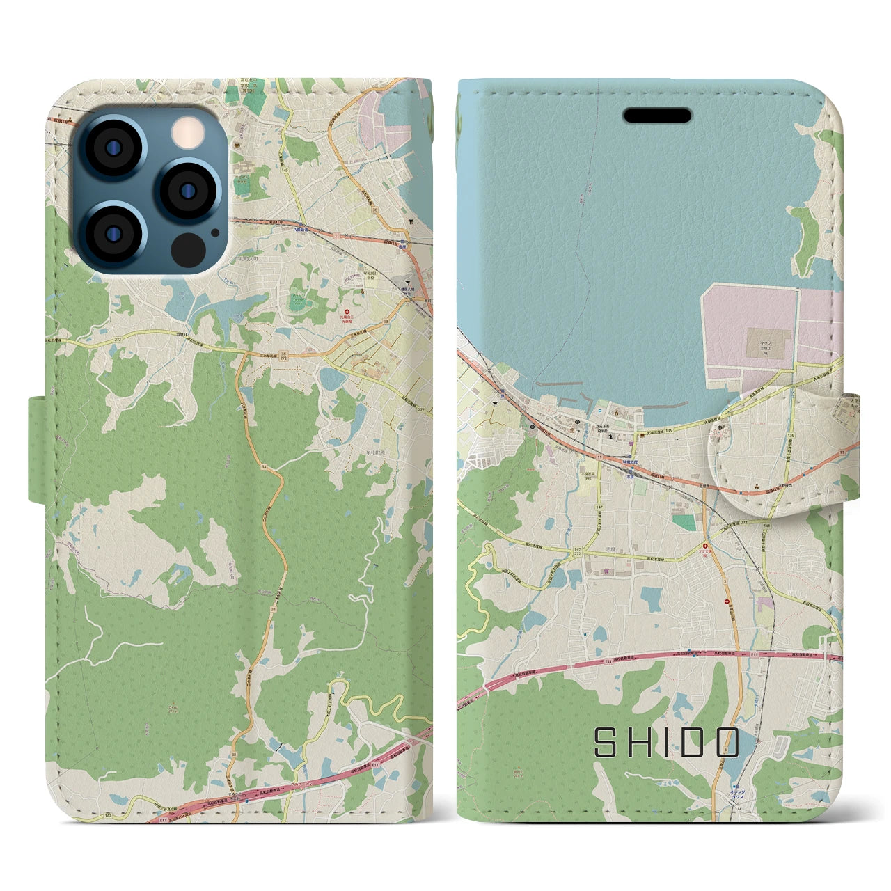 【志度(香川県)】地図柄iPhoneケース(手帳タイプ)ナチュラル・iPhone 12 / 12 Pro 用