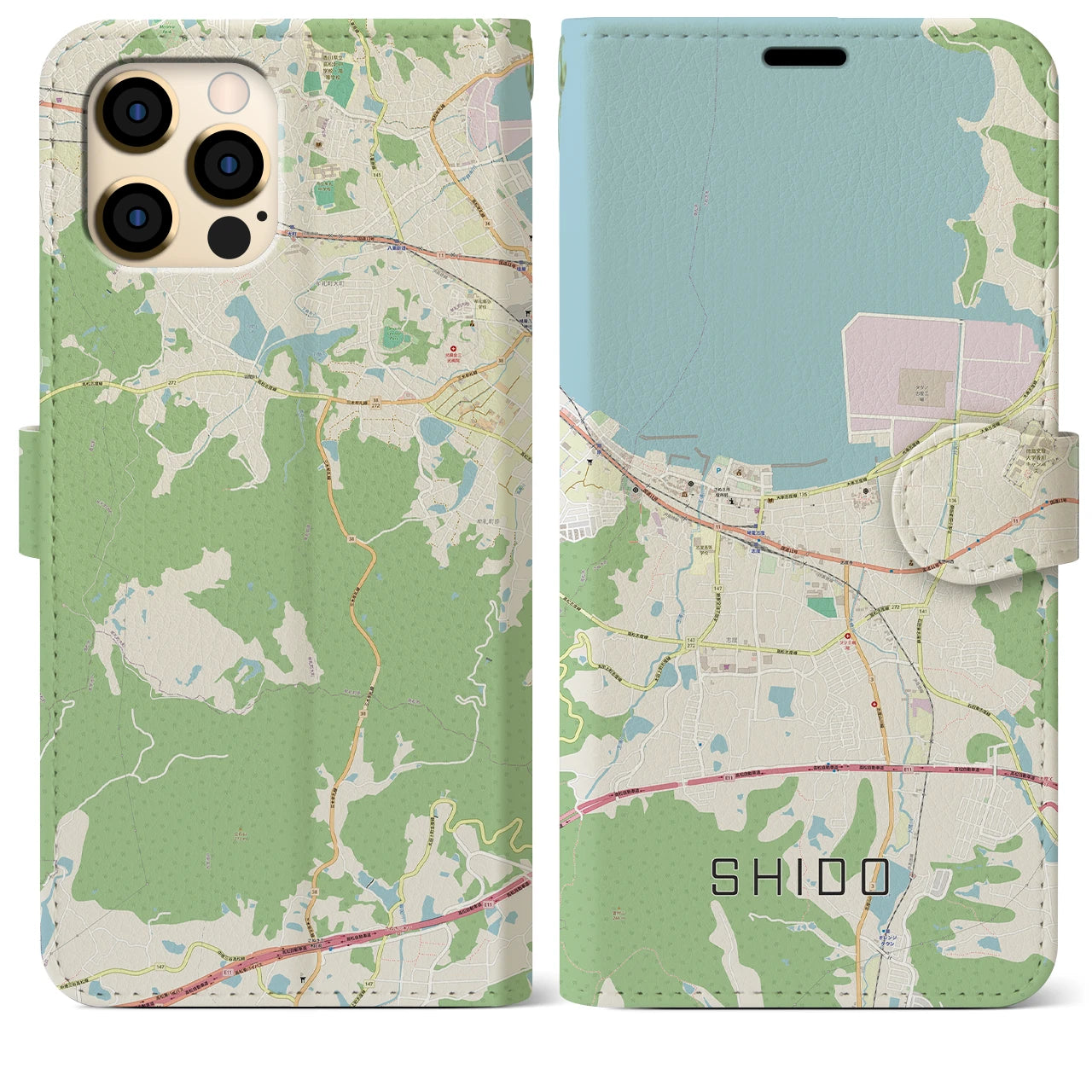【志度(香川県)】地図柄iPhoneケース(手帳タイプ)ナチュラル・iPhone 12 Pro Max 用