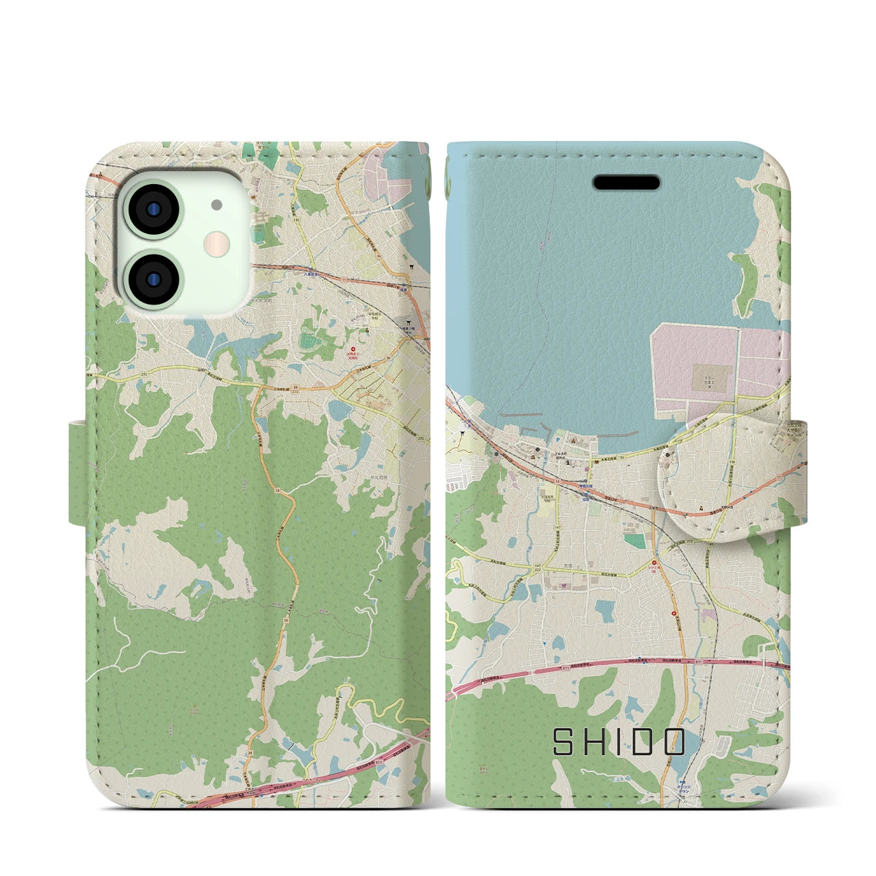【志度(香川県)】地図柄iPhoneケース(手帳タイプ)ナチュラル・iPhone 12 mini 用