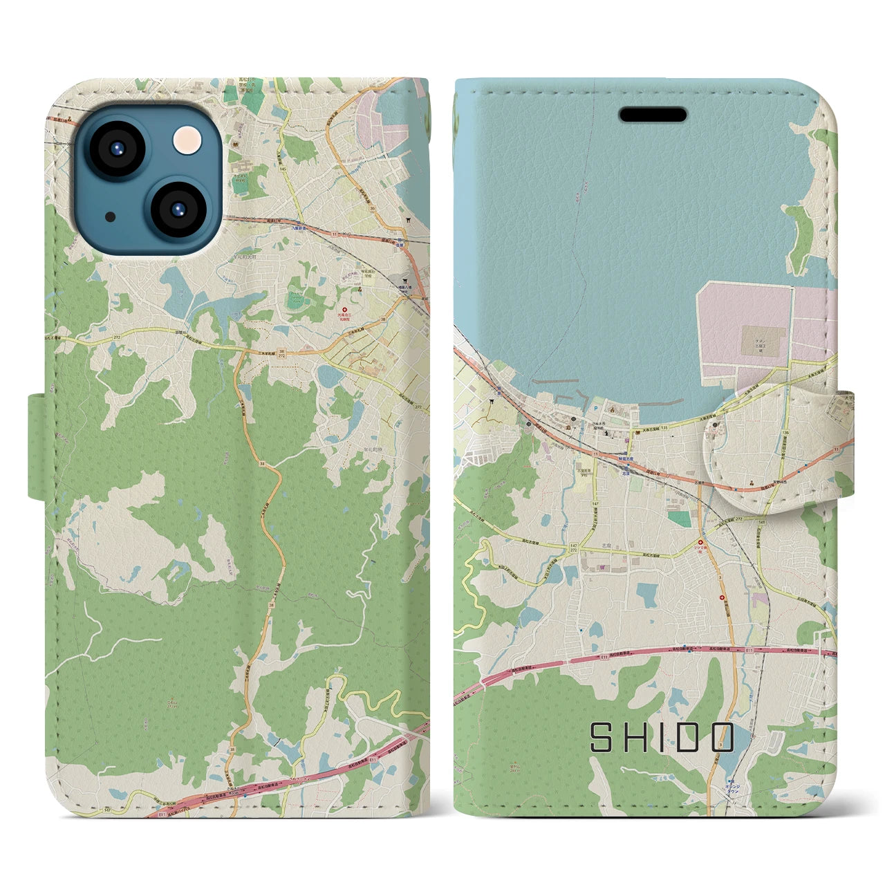 【志度(香川県)】地図柄iPhoneケース(手帳タイプ)ナチュラル・iPhone 13 用
