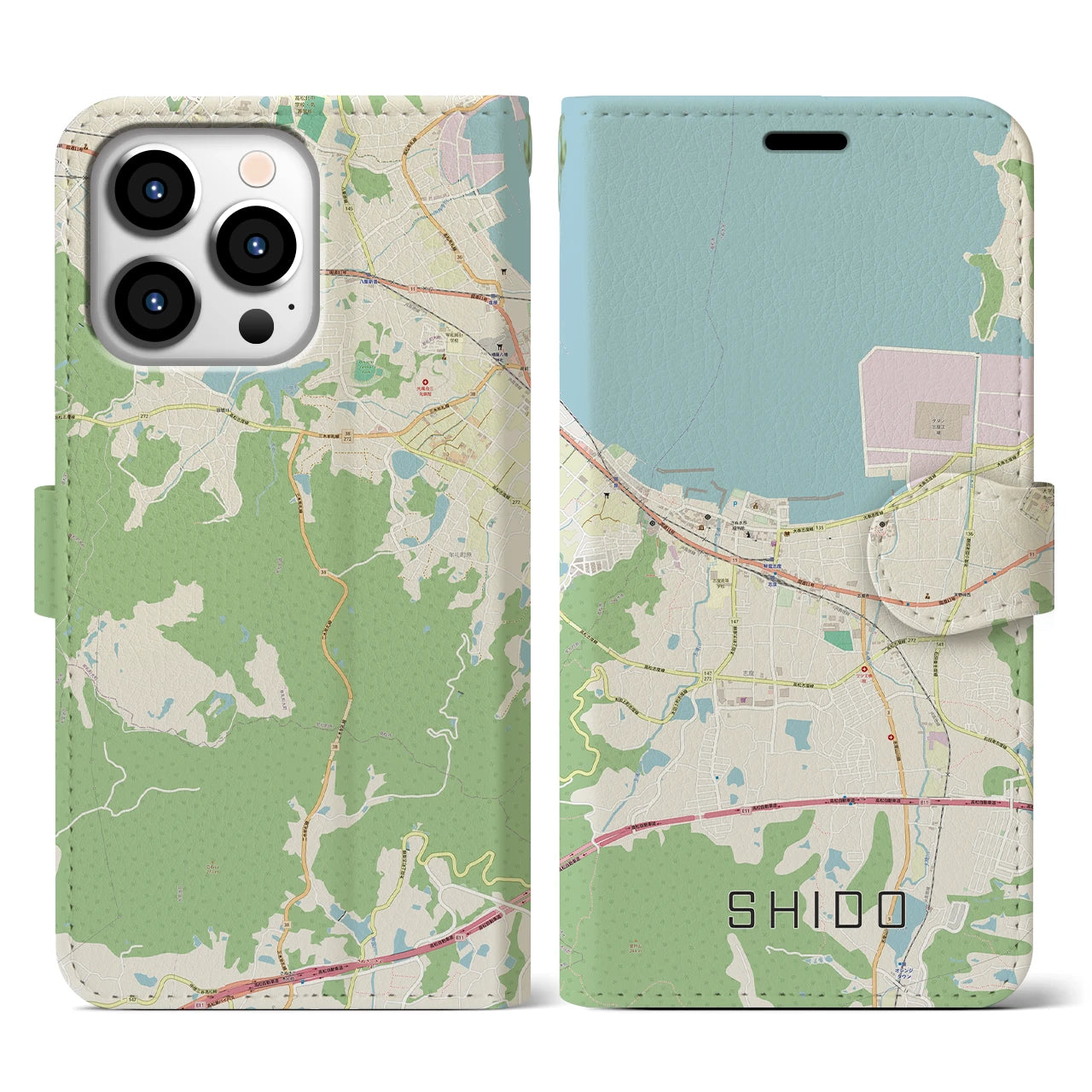 【志度(香川県)】地図柄iPhoneケース(手帳タイプ)ナチュラル・iPhone 13 Pro 用