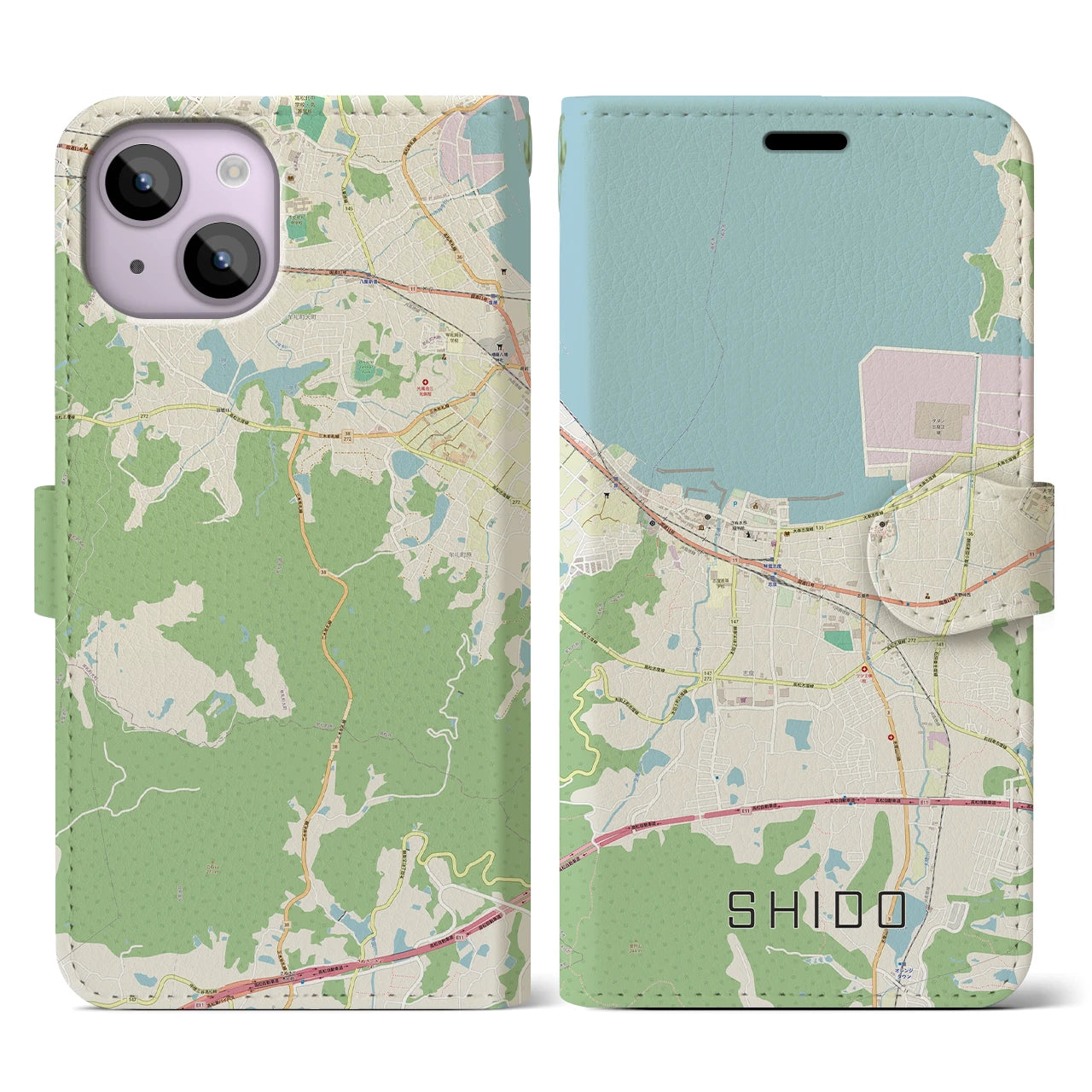 【志度(香川県)】地図柄iPhoneケース(手帳タイプ)ナチュラル・iPhone 14 用