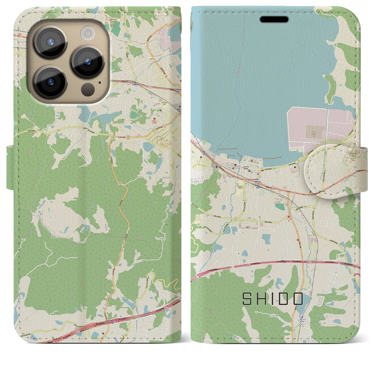【志度(香川県)】地図柄iPhoneケース(手帳タイプ)ナチュラル・iPhone 14 Pro Max 用