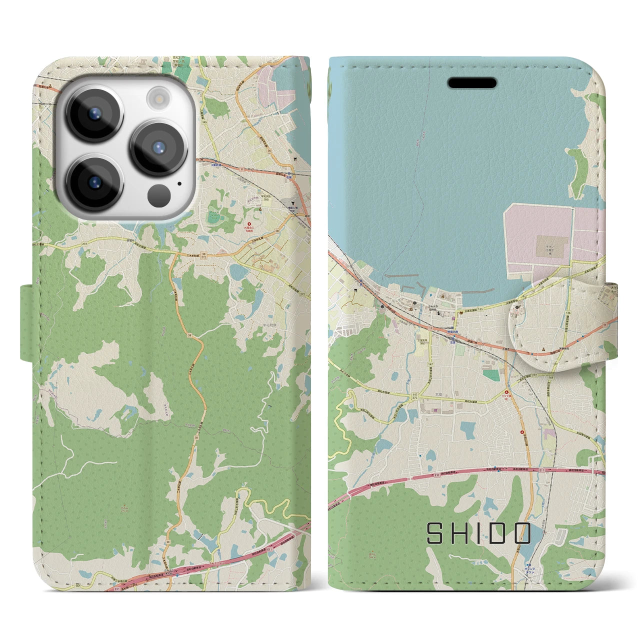【志度(香川県)】地図柄iPhoneケース(手帳タイプ)ナチュラル・iPhone 14 Pro 用